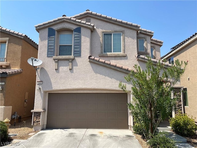7668 Peaceful Trellis Dr, Las Vegas, NV 89179 - mediterranean / spanish-style house with a garage, a tile roof, driveway, and stucco siding