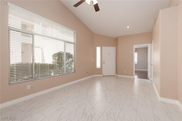 757 Roddenberry Ave, Las Vegas, NV 89123 - spare room with ceiling fan, lofted ceiling, light marble finish floors, and recessed lighting