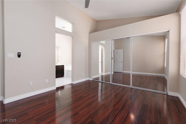 757 Roddenberry Ave, Las Vegas, NV 89123 - unfurnished bedroom with wood finished floors, lofted ceiling, a closet, ensuite bathroom, and a ceiling fan