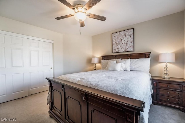 8929 Glenistar Gate Ave, Las Vegas, NV 89143 - bedroom with light colored carpet, a closet, and ceiling fan