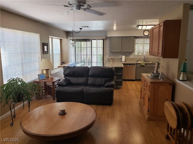 4816 Fiesta Lakes St, Las Vegas, NV 89130 - living room with a textured ceiling, a ceiling fan, and light wood-type flooring