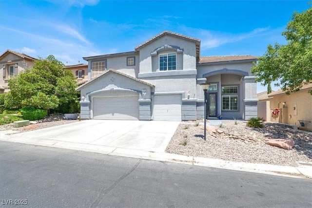 7816 Red Leaf Dr, Las Vegas, NV 89131 - mediterranean / spanish house with driveway, stucco siding, and a garage