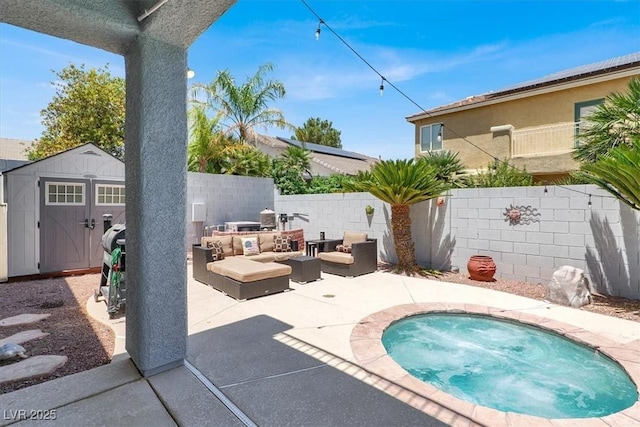 7816 Red Leaf Dr, Las Vegas, NV 89131 - view of swimming pool featuring an outdoor kitchen, a patio area, a shed, outdoor lounge area, and a fenced backyard