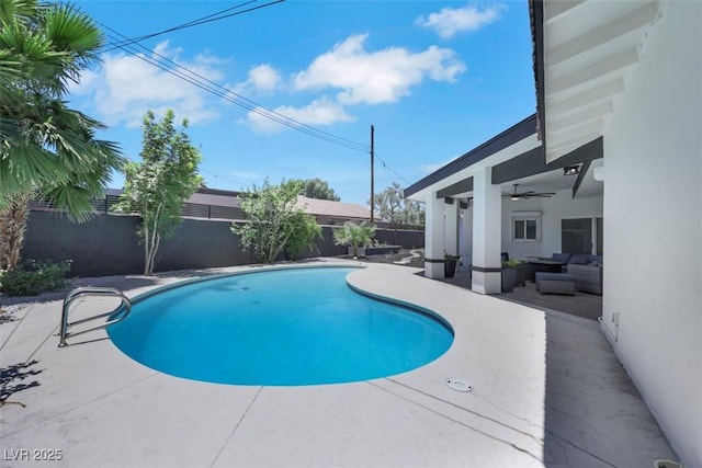 1900 S 15th St, Las Vegas, NV 89104 - view of swimming pool with an outdoor hangout area, a fenced backyard, ceiling fan, and a patio area