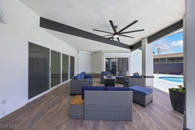 1900 S 15th St, Las Vegas, NV 89104 - wooden deck with an outdoor hangout area, a ceiling fan, and an outdoor pool