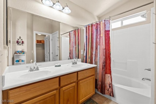 5208 Regena Rose St, North Las Vegas, NV 89081 - bathroom with shower / bath combo with shower curtain and double vanity