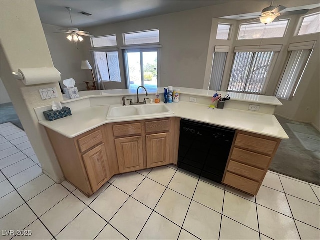 2712 Breakers Creek Dr, Las Vegas, NV 89134 - kitchen featuring dishwasher, ceiling fan, light countertops, and light tile patterned floors