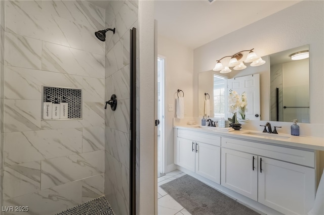5676 Birchwood Cir, Las Vegas, NV 89120 - full bathroom with double vanity, a tile shower, and tile patterned flooring