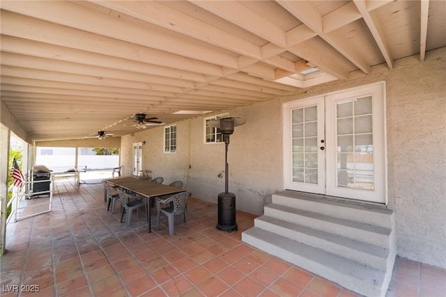 5676 Birchwood Cir, Las Vegas, NV 89120 - view of patio featuring french doors, entry steps, outdoor dining area, grilling area, and ceiling fan