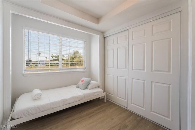 5676 Birchwood Cir, Las Vegas, NV 89120 - bedroom featuring a closet and wood finished floors
