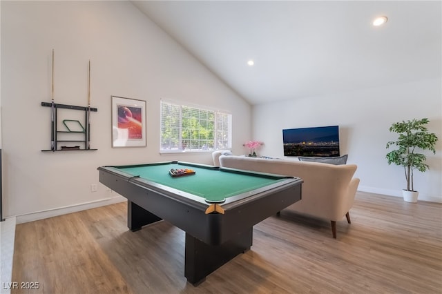 5676 Birchwood Cir, Las Vegas, NV 89120 - recreation room featuring billiards, wood finished floors, high vaulted ceiling, and recessed lighting