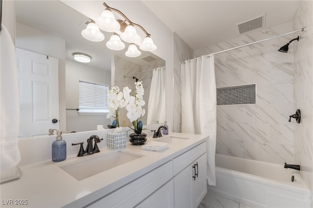 5676 Birchwood Cir, Las Vegas, NV 89120 - full bath featuring shower / bath combination with curtain, double vanity, a chandelier, and marble look tiles