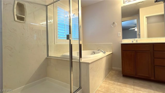7469 Paces Mill Ct, Las Vegas, NV 89113 - full bath with vanity, a bath, a marble finish shower, and tile patterned flooring