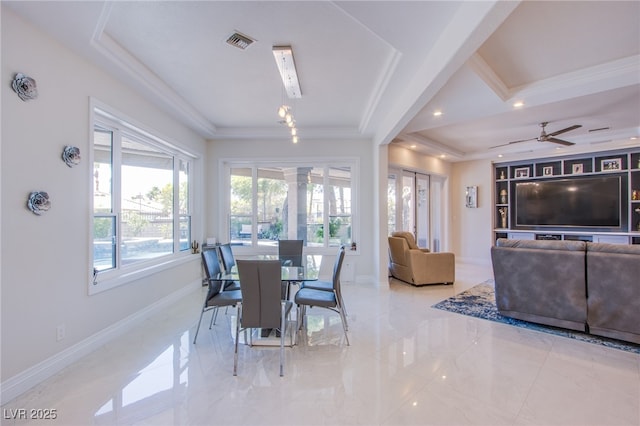 1890 Pago Ct, Las Vegas, NV 89117 - dining area with crown molding, recessed lighting, marble tiled floors, and a ceiling fan
