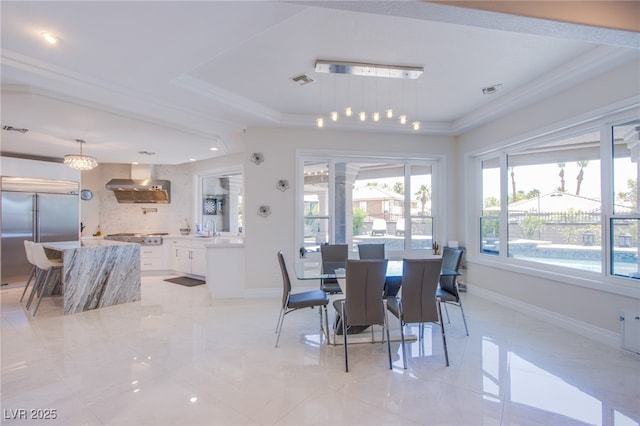 1890 Pago Ct, Las Vegas, NV 89117 - dining space featuring a tray ceiling, ornamental molding, and light marble finish flooring