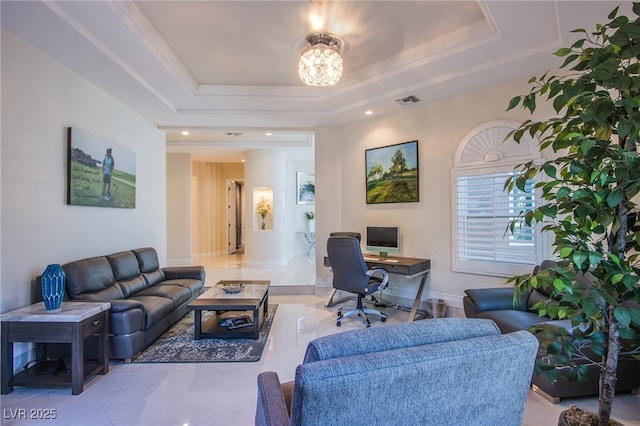 1890 Pago Ct, Las Vegas, NV 89117 - living room with a raised ceiling, a desk, and a chandelier