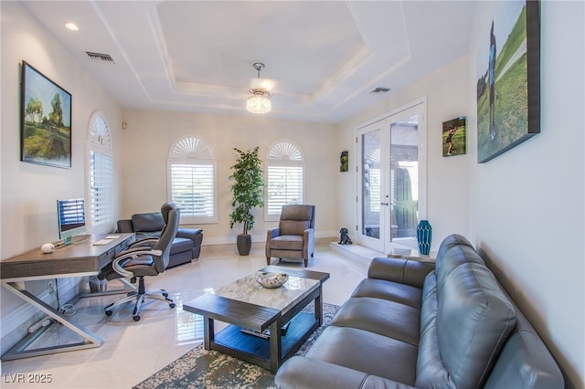 1890 Pago Ct, Las Vegas, NV 89117 - living room with a desk, french doors, and a tray ceiling