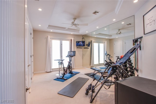 1890 Pago Ct, Las Vegas, NV 89117 - workout area featuring ceiling fan, a raised ceiling, light colored carpet, and recessed lighting