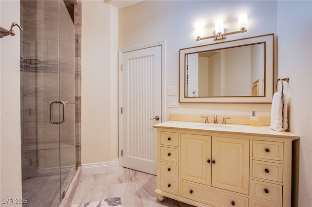 1890 Pago Ct, Las Vegas, NV 89117 - bathroom featuring a stall shower, vanity, and marble look tiles