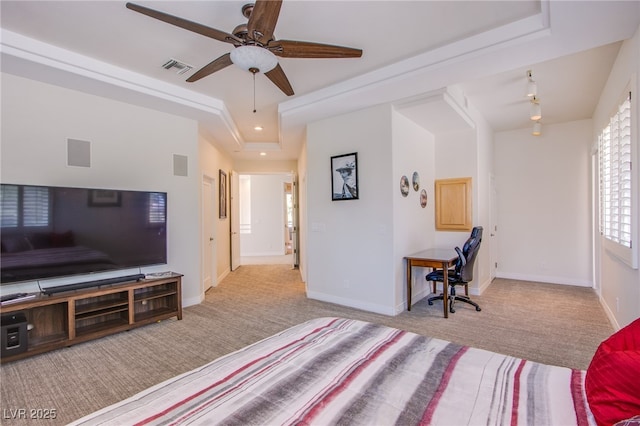 1890 Pago Ct, Las Vegas, NV 89117 - bedroom with carpet floors, a raised ceiling, an office area, recessed lighting, and ceiling fan