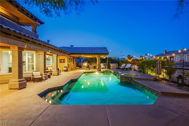 1890 Pago Ct, Las Vegas, NV 89117 - view of swimming pool featuring an outdoor living space, a patio, a fenced backyard, and a pool with connected hot tub