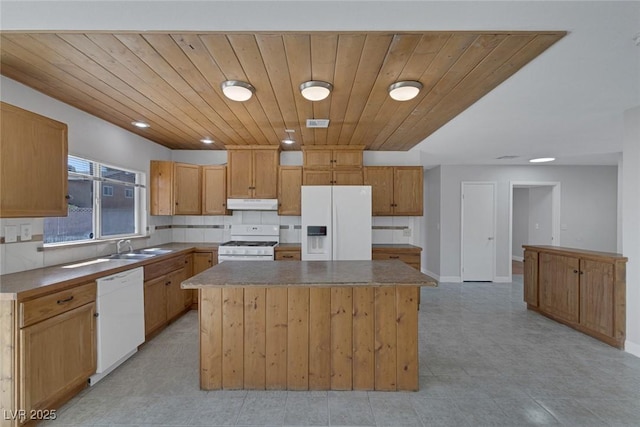 1841 Feather Way, Las Vegas, NV 89108 - kitchen featuring white appliances, wooden ceiling, a kitchen island, under cabinet range hood, and recessed lighting