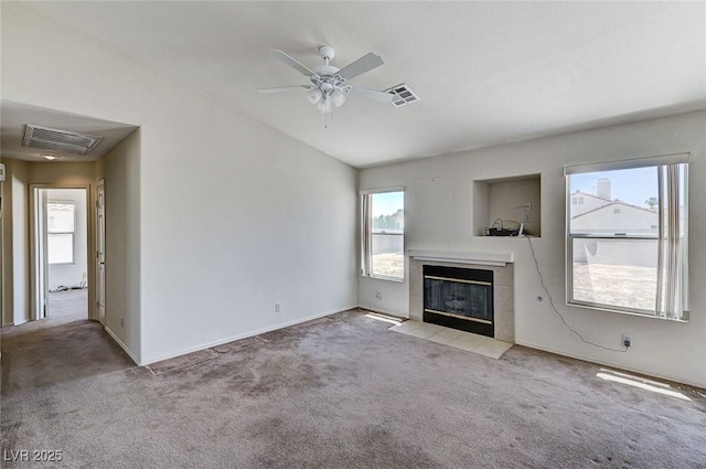 5917 Briar Rose Ln, Las Vegas, NV 89130 - unfurnished living room with carpet, a tile fireplace, ceiling fan, and lofted ceiling