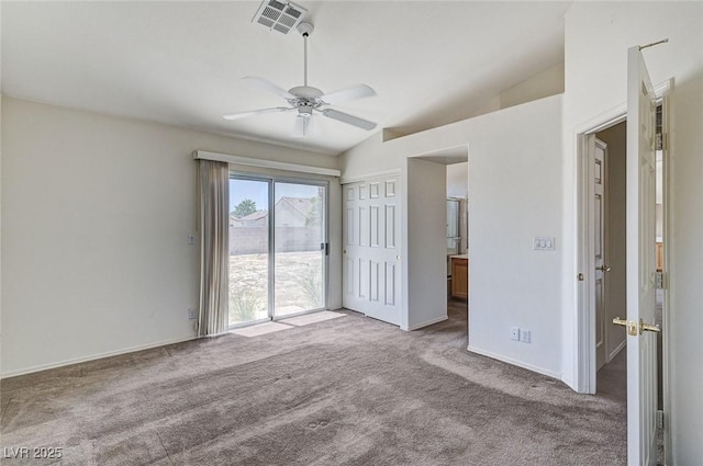 5917 Briar Rose Ln, Las Vegas, NV 89130 - unfurnished bedroom with access to exterior, carpet flooring, vaulted ceiling, ensuite bath, and ceiling fan