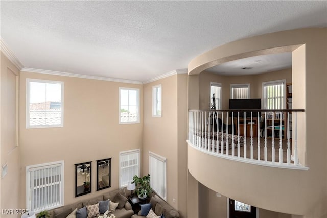9380 Arrowhead Bluff Ave, Las Vegas, NV 89149 - living area with crown molding, healthy amount of natural light, arched walkways, and a textured ceiling