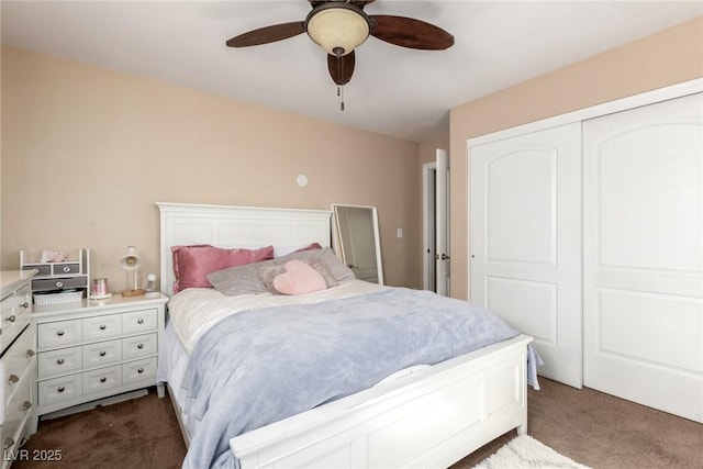 9380 Arrowhead Bluff Ave, Las Vegas, NV 89149 - bedroom with dark carpet, a closet, and ceiling fan