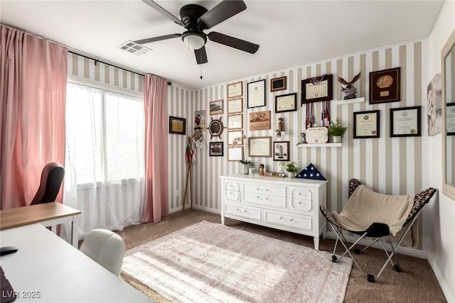 9380 Arrowhead Bluff Ave, Las Vegas, NV 89149 - carpeted office with ceiling fan and wallpapered walls