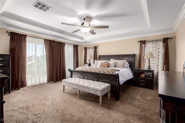 9380 Arrowhead Bluff Ave, Las Vegas, NV 89149 - bedroom featuring a tray ceiling, carpet flooring, ornamental molding, and a ceiling fan