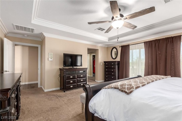 9380 Arrowhead Bluff Ave, Las Vegas, NV 89149 - bedroom featuring a raised ceiling, light colored carpet, crown molding, and ceiling fan