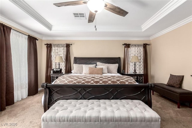 9380 Arrowhead Bluff Ave, Las Vegas, NV 89149 - bedroom with carpet flooring, a tray ceiling, crown molding, and a ceiling fan