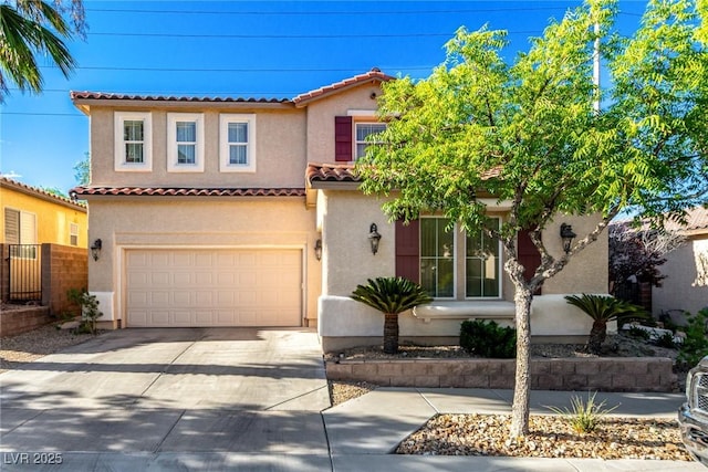 9380 Arrowhead Bluff Ave, Las Vegas, NV 89149 - mediterranean / spanish-style house with driveway, stucco siding, a tiled roof, and a garage