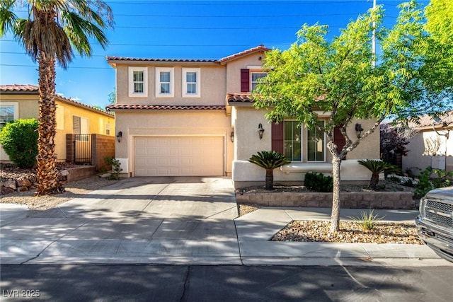 9380 Arrowhead Bluff Ave, Las Vegas, NV 89149 - mediterranean / spanish-style house with stucco siding, concrete driveway, a tile roof, and a garage