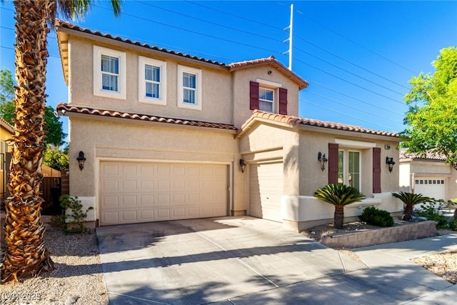 9380 Arrowhead Bluff Ave, Las Vegas, NV 89149 - mediterranean / spanish-style house with stucco siding, concrete driveway, an attached garage, and a tile roof