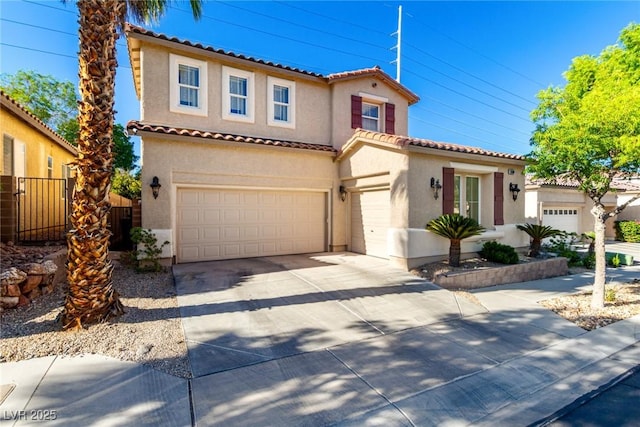 9380 Arrowhead Bluff Ave, Las Vegas, NV 89149 - mediterranean / spanish home with stucco siding, a garage, driveway, and a tiled roof