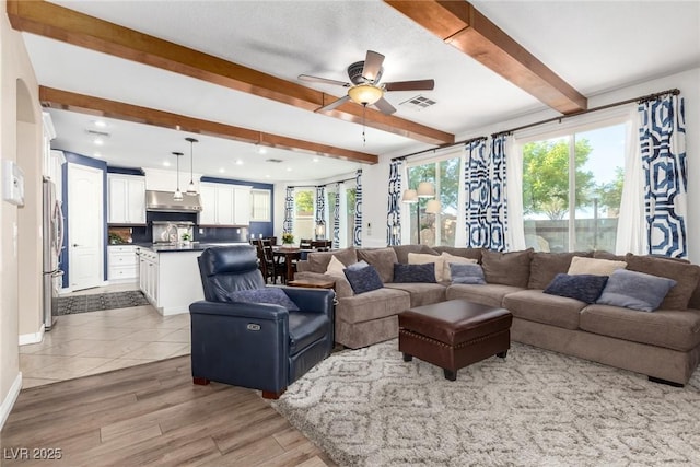 9380 Arrowhead Bluff Ave, Las Vegas, NV 89149 - living area featuring beamed ceiling, ceiling fan, light wood-type flooring, and recessed lighting