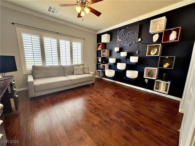 2132 Solvang Mill Dr, Las Vegas, NV 89135 - living area featuring a ceiling fan, wood-type flooring, and ornamental molding