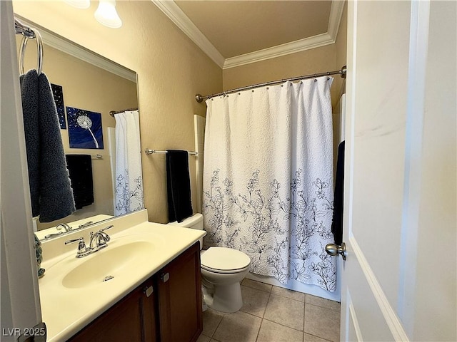 2132 Solvang Mill Dr, Las Vegas, NV 89135 - bathroom with crown molding, vanity, tile patterned floors, and a shower with curtain