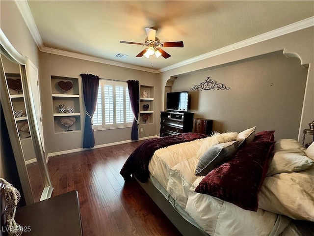 2132 Solvang Mill Dr, Las Vegas, NV 89135 - bedroom featuring hardwood / wood-style floors, ornamental molding, and a ceiling fan