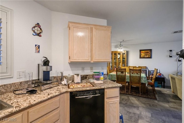 1809 Cutlass Dr Unit 0, Henderson, NV 89014 - kitchen featuring black dishwasher, light brown cabinets, ceiling fan, and light stone counters