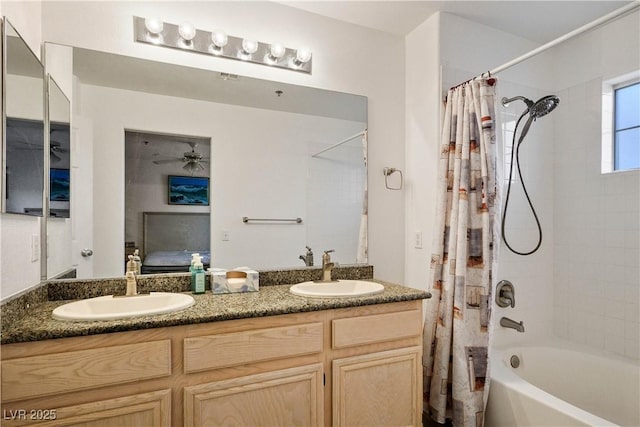1809 Cutlass Dr Unit 0, Henderson, NV 89014 - ensuite bathroom featuring shower / bath combo with shower curtain, double vanity, and ceiling fan