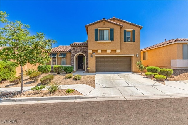 9221 Thunder Falls Ct, Las Vegas, NV 89149 - mediterranean / spanish-style home featuring a tile roof, stucco siding, concrete driveway, and an attached garage