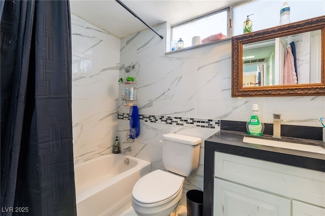 2297 Casey Dr, Las Vegas, NV 89119 - full bathroom featuring shower / bathtub combination with curtain, vanity, tile walls, and tasteful backsplash