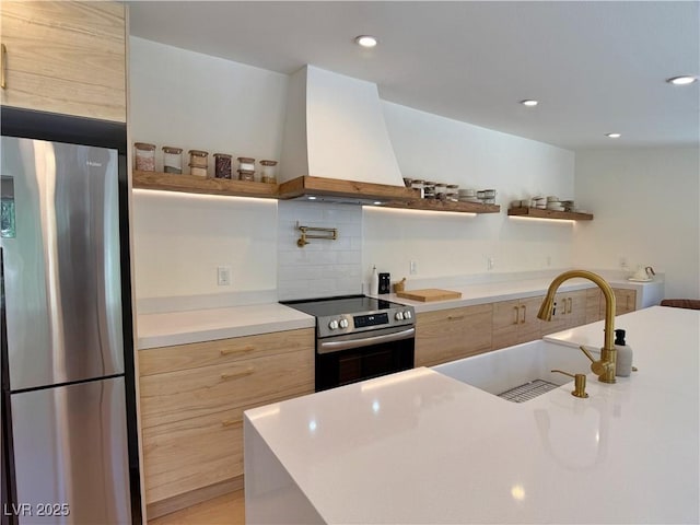 4651 Aspen Ave, Mount Charleston, NV 89124 - kitchen featuring stainless steel appliances, open shelves, custom range hood, modern cabinets, and light countertops
