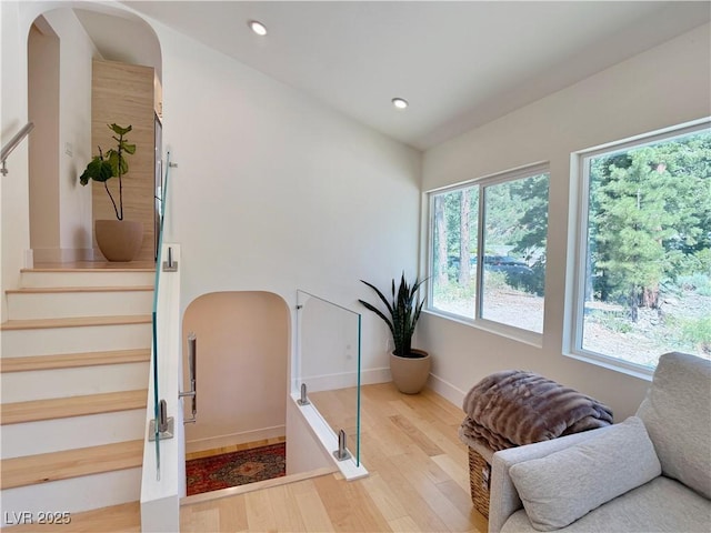 4651 Aspen Ave, Mount Charleston, NV 89124 - stairway with wood finished floors, recessed lighting, and arched walkways