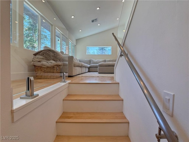 4651 Aspen Ave, Mount Charleston, NV 89124 - staircase with vaulted ceiling and recessed lighting