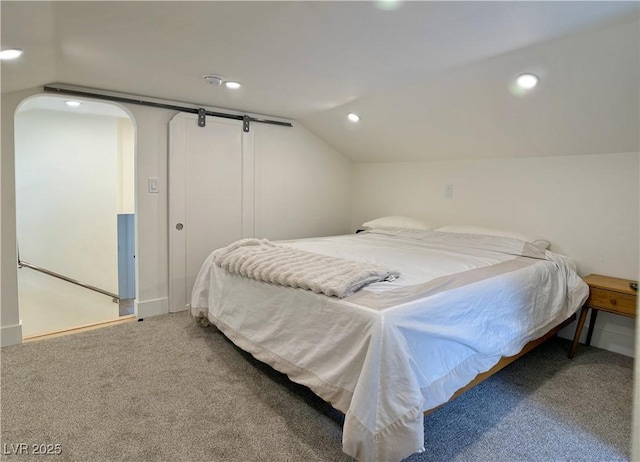4651 Aspen Ave, Mount Charleston, NV 89124 - carpeted bedroom featuring vaulted ceiling, recessed lighting, and arched walkways